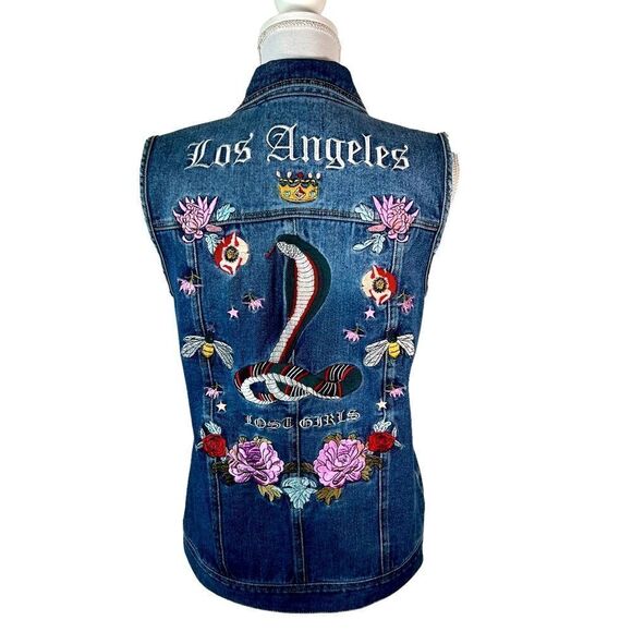 Pac Sun Los Angeles Lost Girls Embroidered Snake And Flowers Denim Vest - Picture 1 of 9